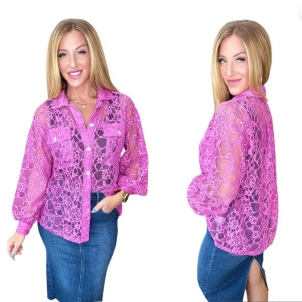 Andree by Units Stick Together Lace Button Up Magenta Woman’s Size 1X Shirt NWT